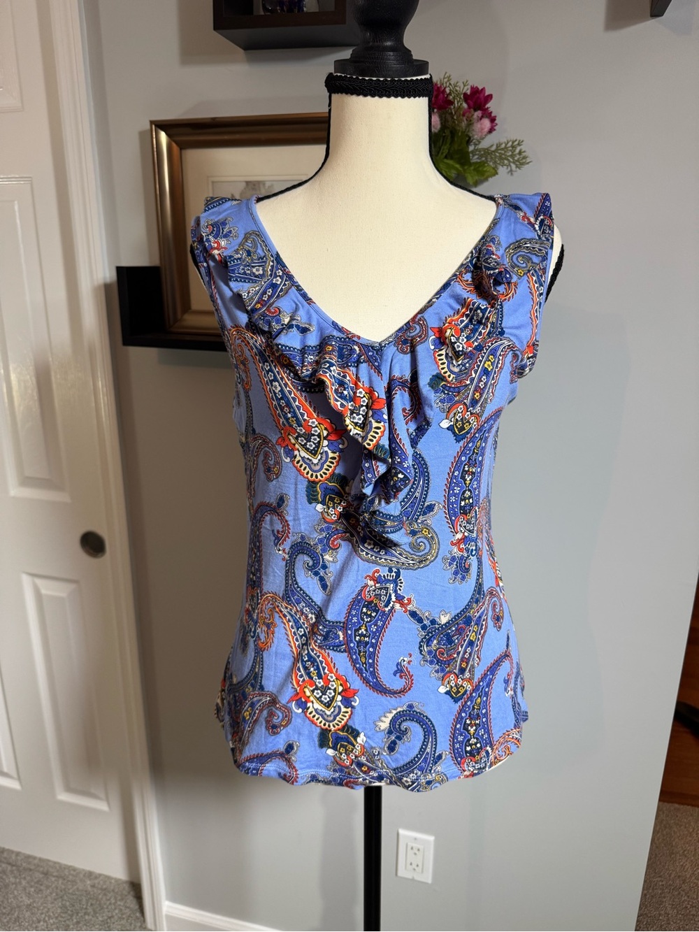 Charter Club Blue Paisley Ruffle V-Neck Top